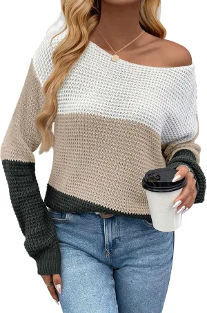 Womens Sexy Off The Shoulder Sweater Spring 2025 Trendy Lightweight Cute Crochet Knit Color Block Pullover Top