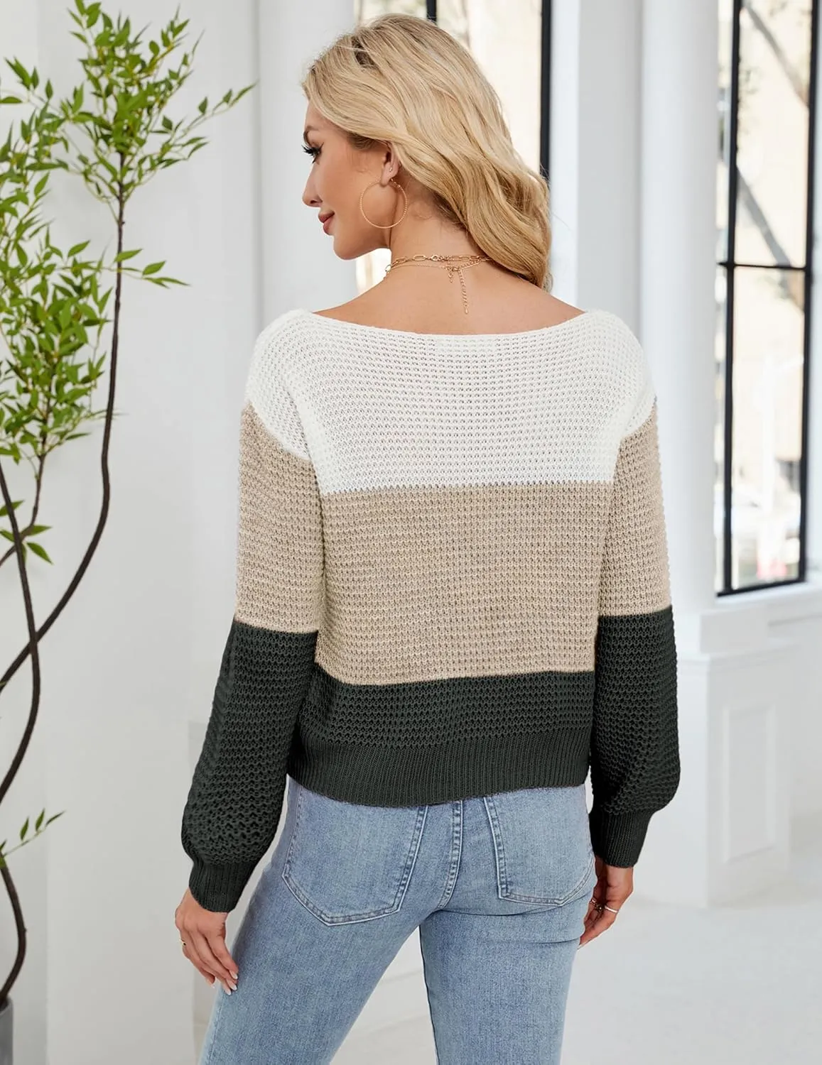 Womens Sexy Off The Shoulder Sweater Spring 2025 Trendy Lightweight Cute Crochet Knit Color Block Pullover Top