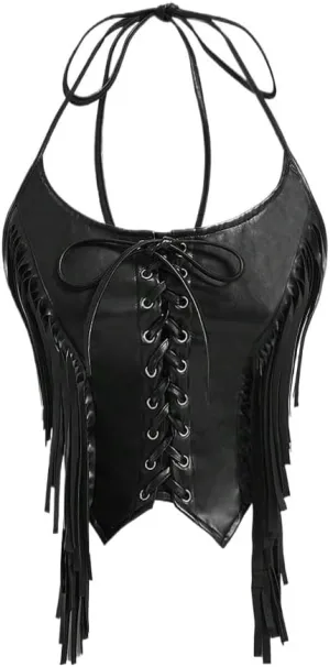 Women's Shirts Fringed Halter Leather Top Fashion Camis Tank Tops