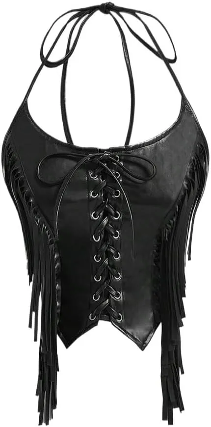 Women's Shirts Fringed Halter Leather Top Fashion Camis Tank Tops