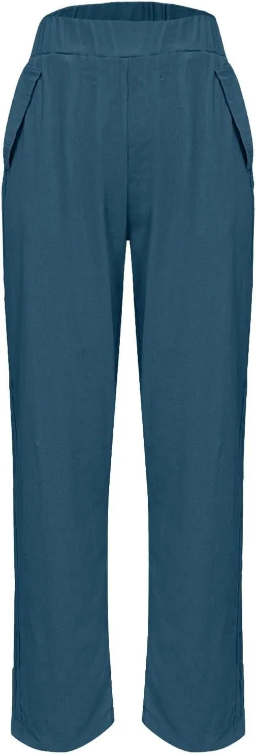 Womens Solid Cotton Linen Straight Pants High Waisted Wide Leg Trousers with Pokets Loose Comfy Causal Pant for Summer Beach