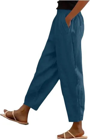 Womens Solid Cotton Linen Straight Pants High Waisted Wide Leg Trousers with Pokets Loose Comfy Causal Pant for Summer Beach