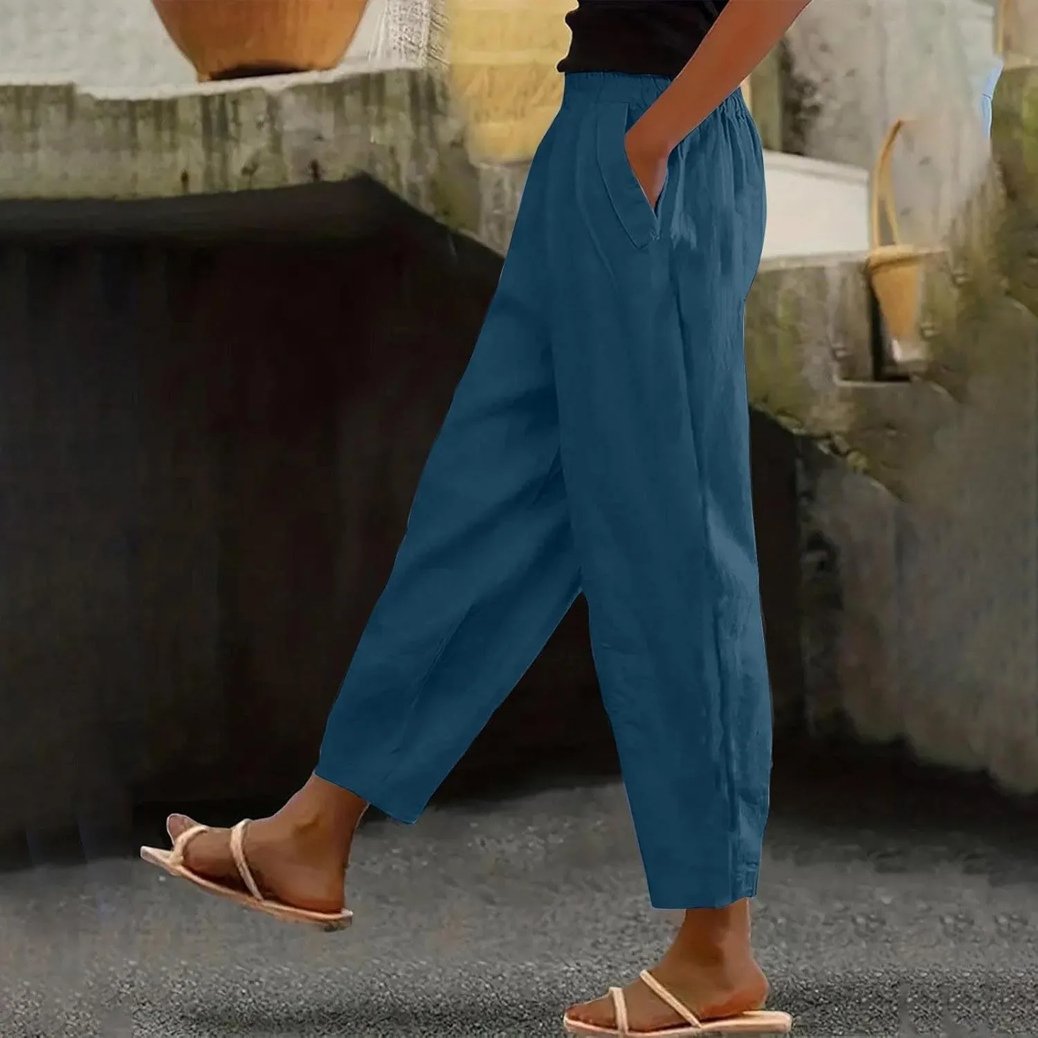 Womens Solid Cotton Linen Straight Pants High Waisted Wide Leg Trousers with Pokets Loose Comfy Causal Pant for Summer Beach