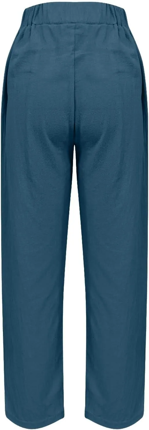 Womens Solid Cotton Linen Straight Pants High Waisted Wide Leg Trousers with Pokets Loose Comfy Causal Pant for Summer Beach