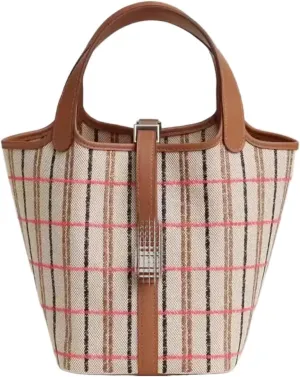 Women's striped canvas handbag, top handbag, brown leather decoration, bucket style