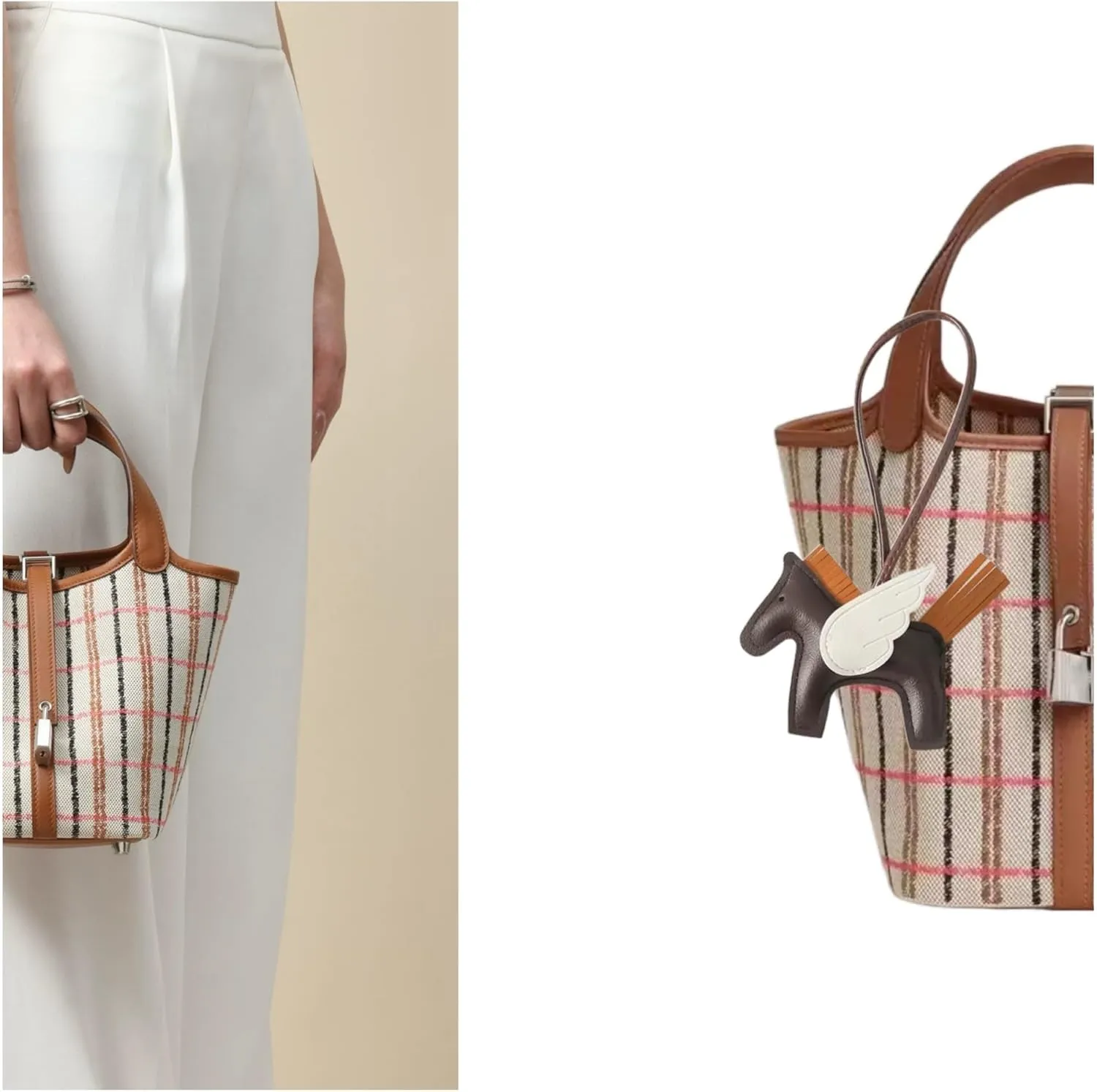Women's striped canvas handbag, top handbag, brown leather decoration, bucket style