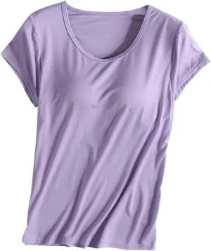 Womens Tops 2025 Summer Casual Short Sleeve T Shirts with Built in Bra Plus Size Basic Solid Yoga Athletic Tees Shirts