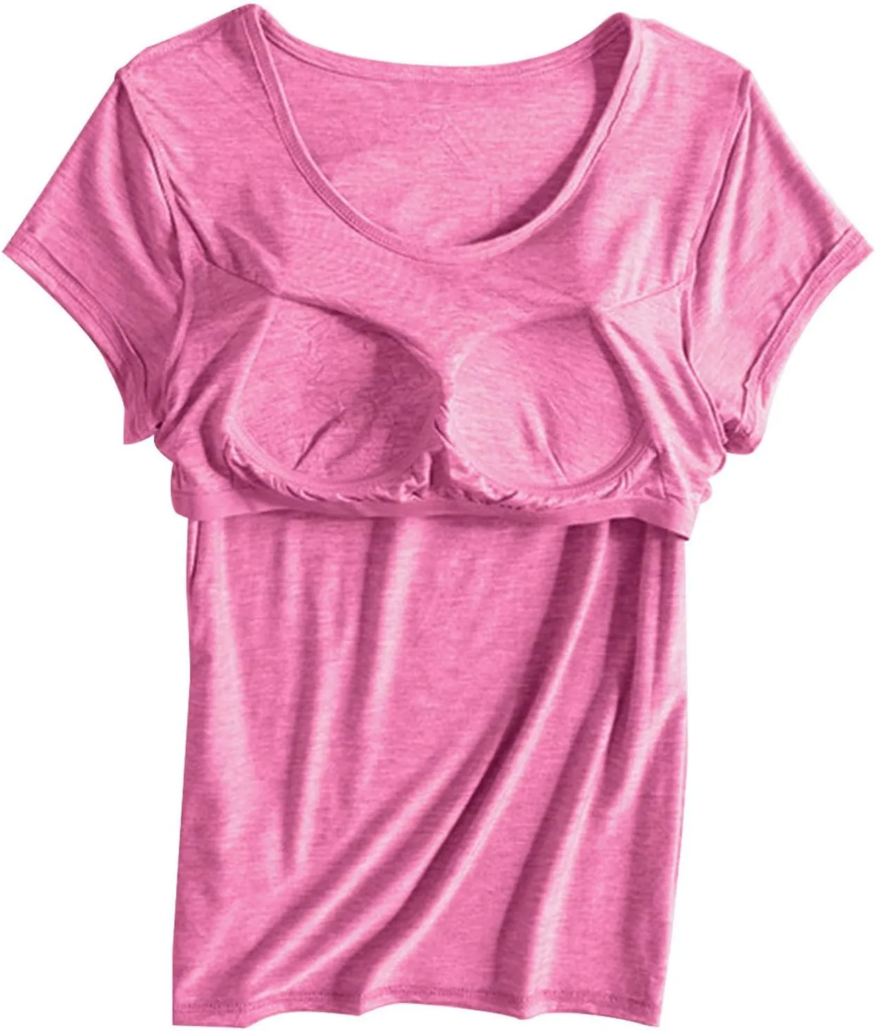 Womens Tops 2025 Summer Casual Short Sleeve T Shirts with Built in Bra Plus Size Basic Solid Yoga Athletic Tees Shirts