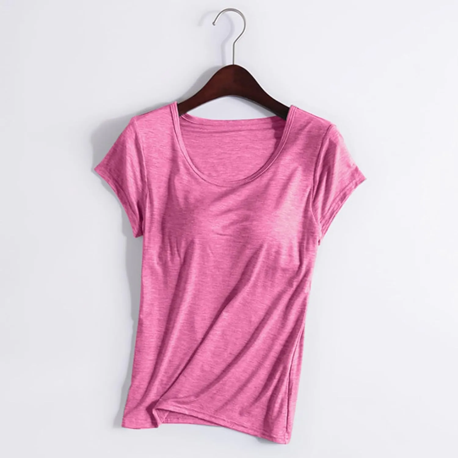 Womens Tops 2025 Summer Casual Short Sleeve T Shirts with Built in Bra Plus Size Basic Solid Yoga Athletic Tees Shirts