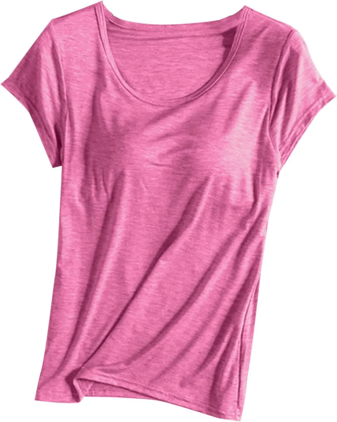 Womens Tops 2025 Summer Casual Short Sleeve T Shirts with Built in Bra Plus Size Basic Solid Yoga Athletic Tees Shirts