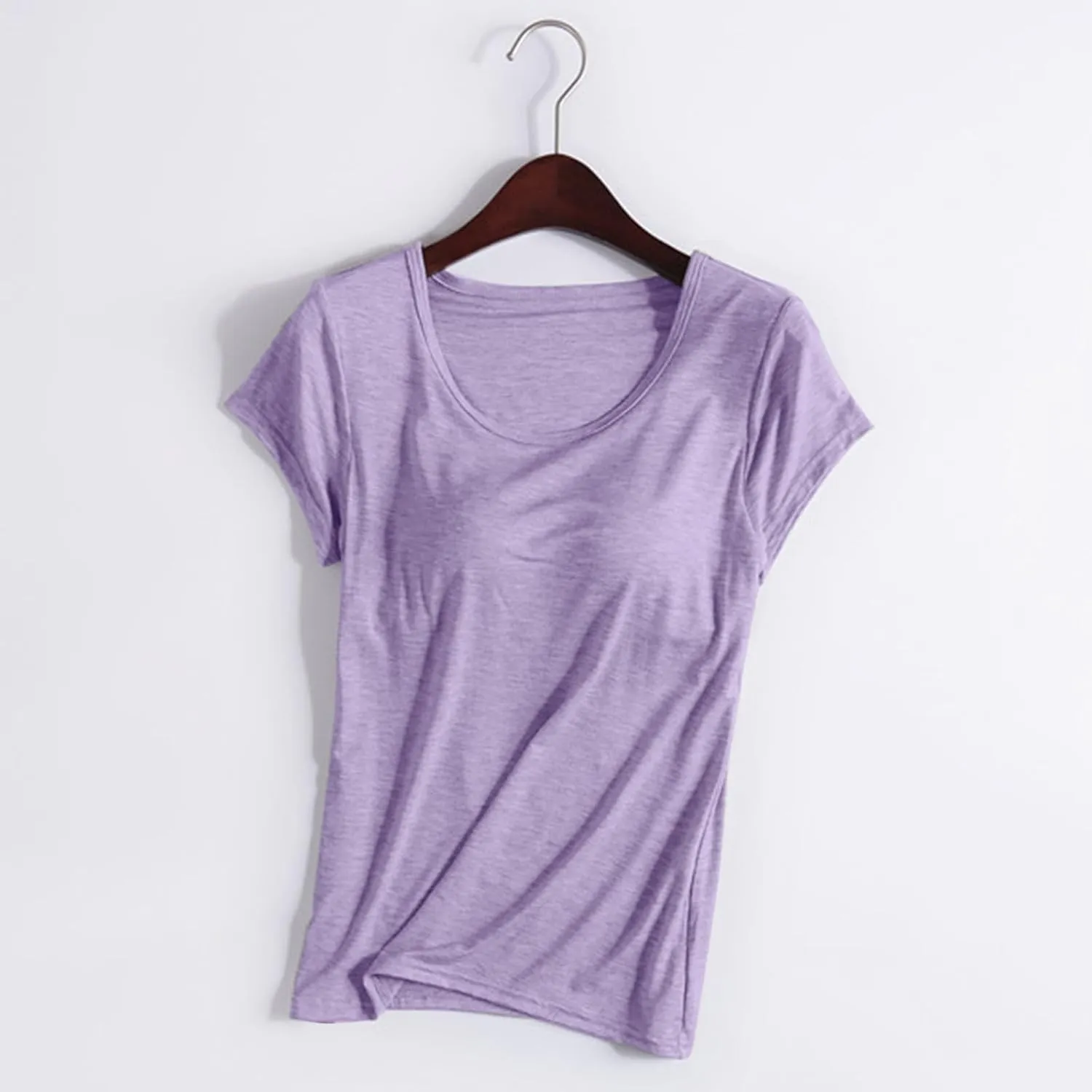 Womens Tops 2025 Summer Casual Short Sleeve T Shirts with Built in Bra Plus Size Basic Solid Yoga Athletic Tees Shirts