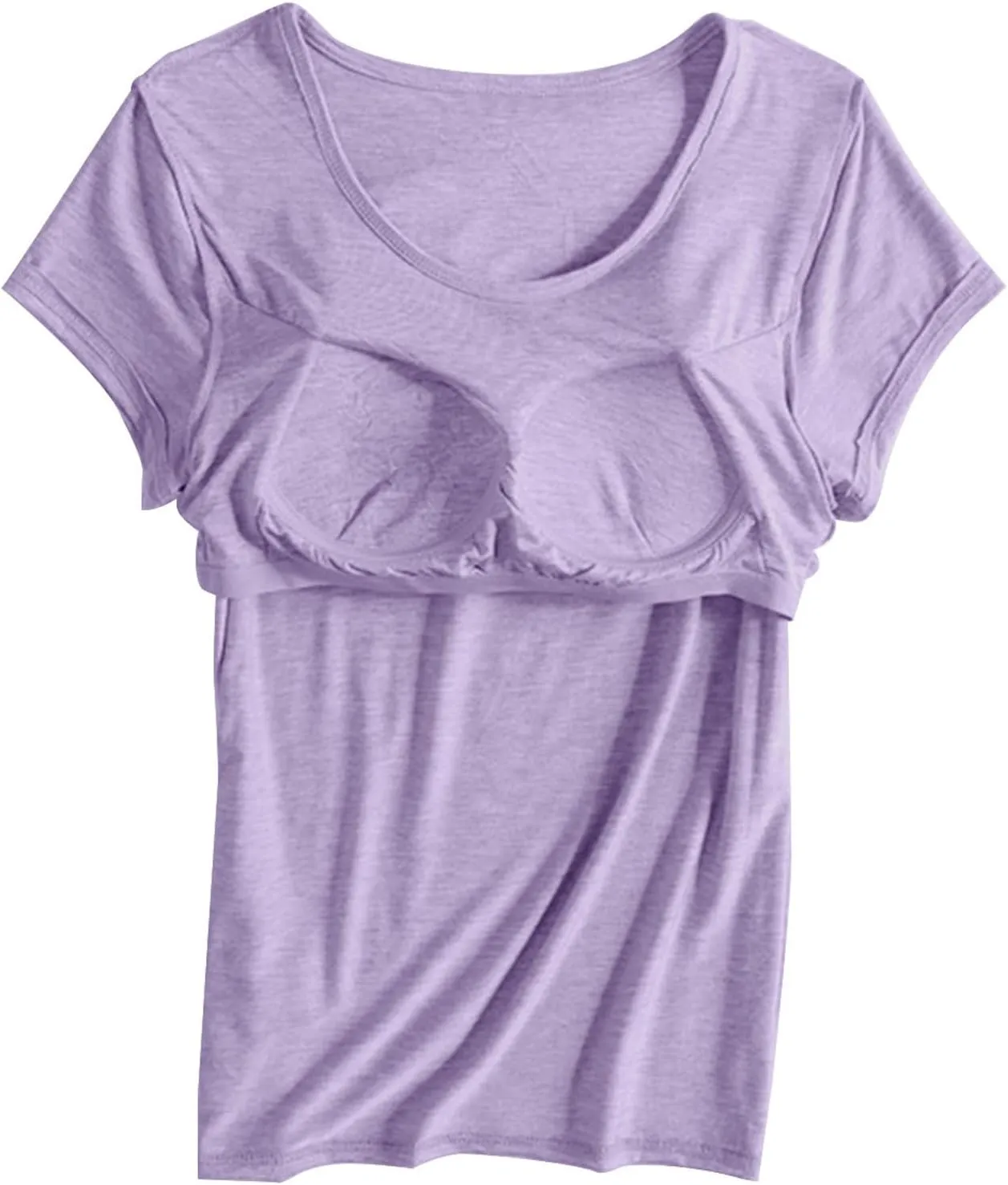 Womens Tops 2025 Summer Casual Short Sleeve T Shirts with Built in Bra Plus Size Basic Solid Yoga Athletic Tees Shirts