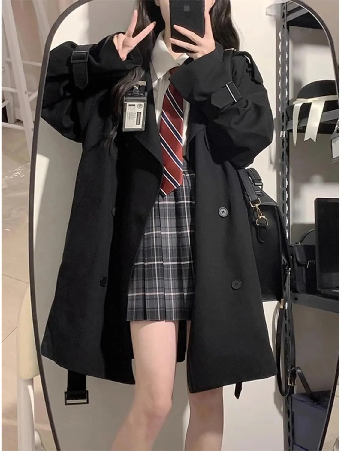 Women's Trench Coat Long Lapel Double Breasted Design Windproof Loose Coat Business Casual Coat