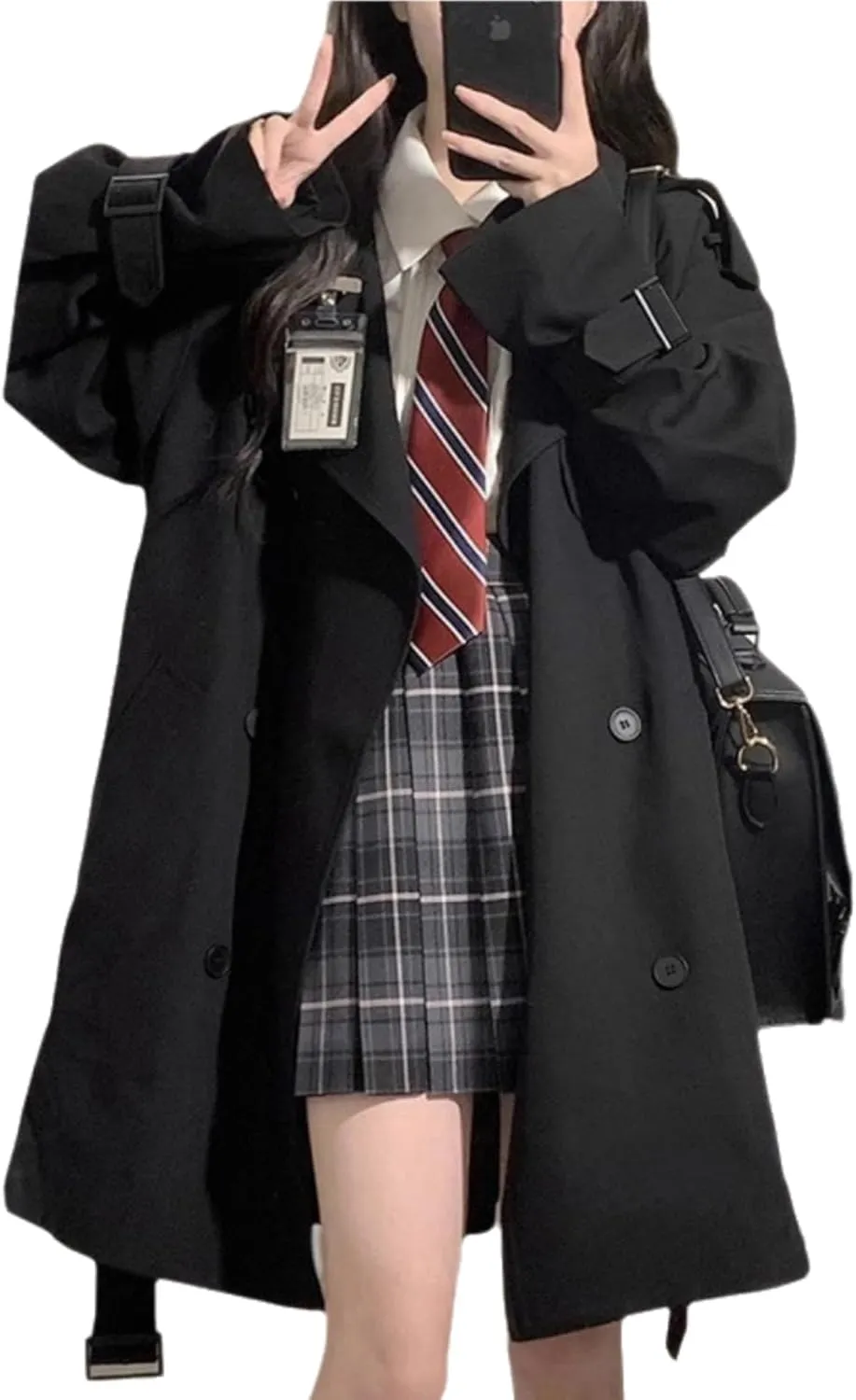 Women's Trench Coat Long Lapel Double Breasted Design Windproof Loose Coat Business Casual Coat