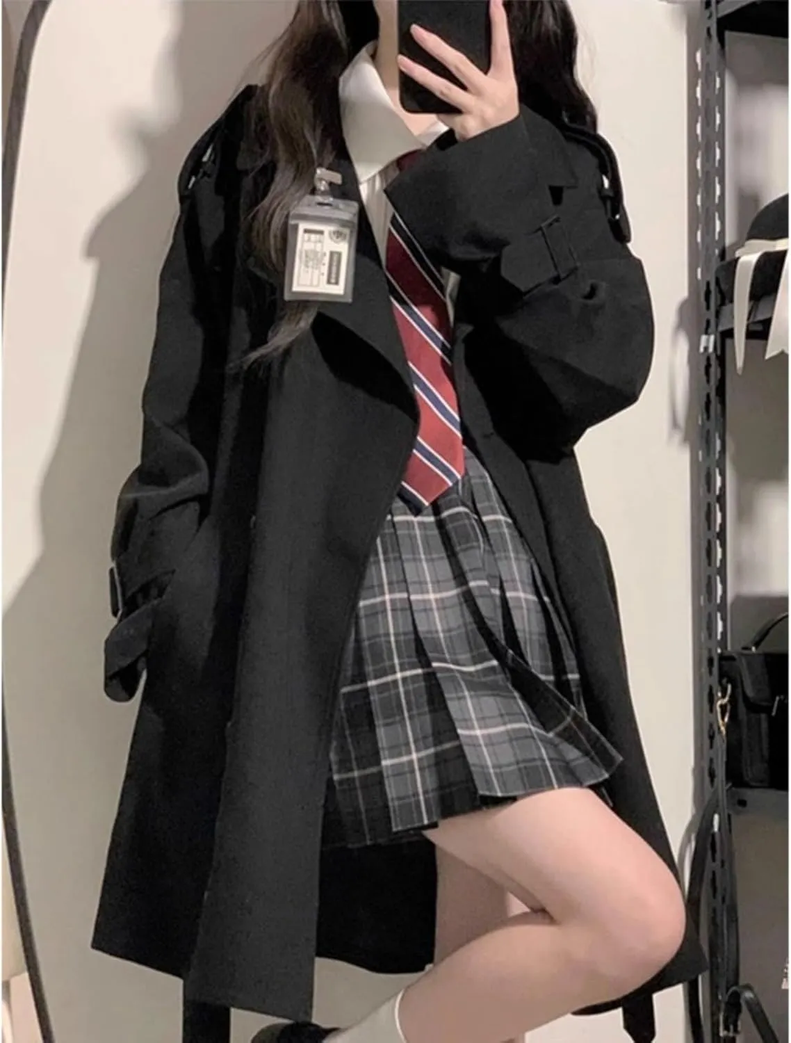 Women's Trench Coat Long Lapel Double Breasted Design Windproof Loose Coat Business Casual Coat