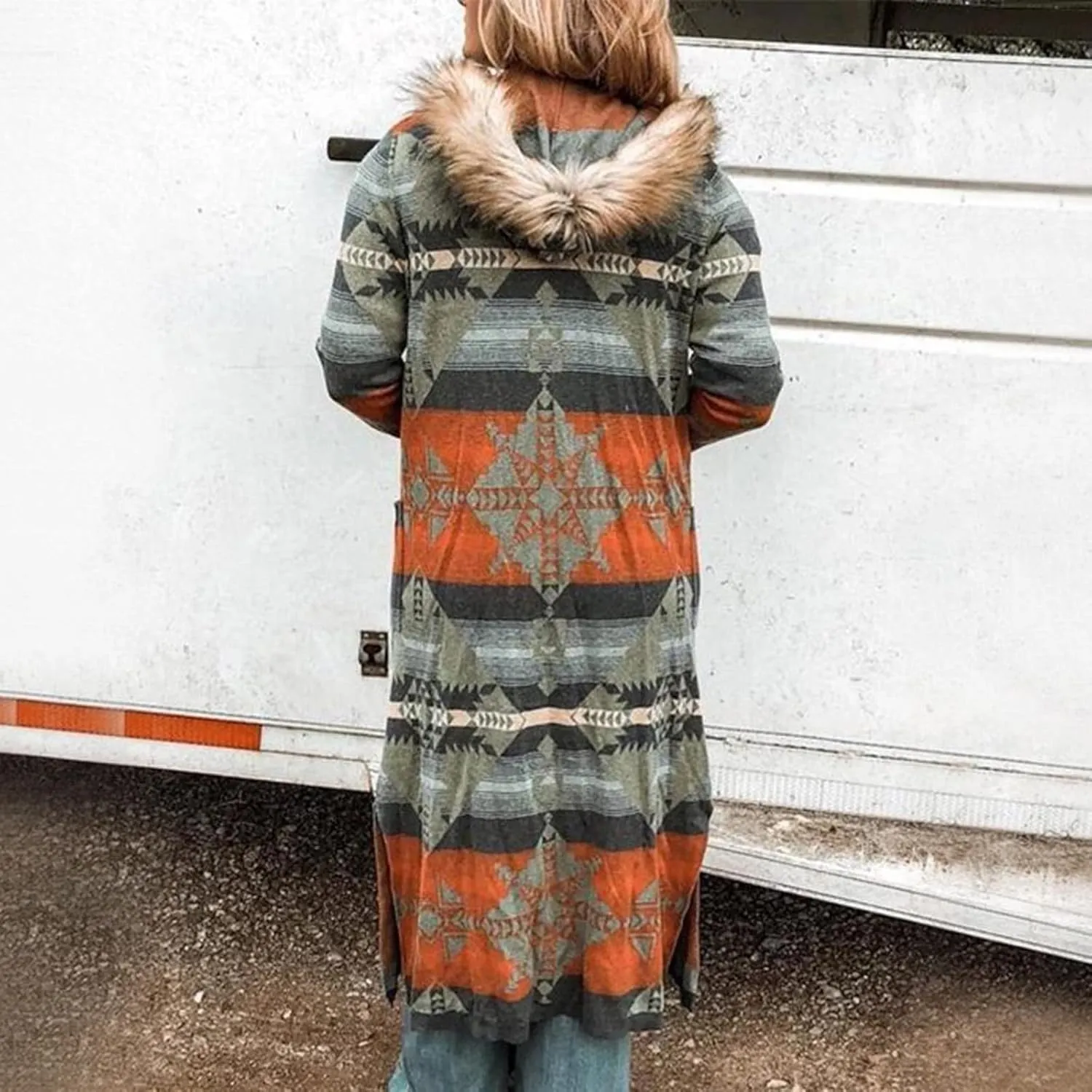 Womens Winter Long Faux Fur Jacket Open Front Coat Vintage Western Print Fuzzy Hooded Cardigan Jackets Warm Outerwear