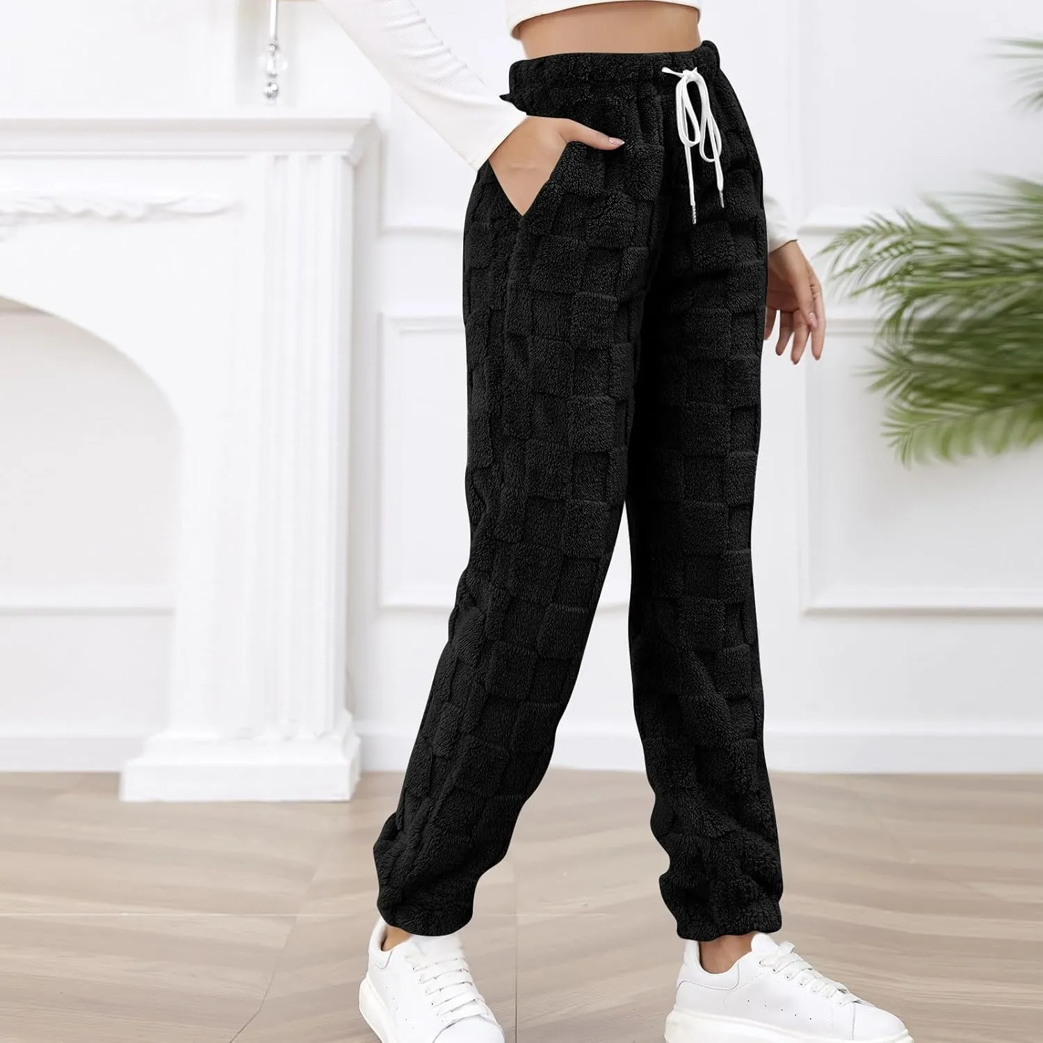 Women's Winter Warm Fleece Baggy Joggers Pants Sherpa Lined Sweatpants Jacquard Pajama Pants Plush Fuzzy Lounge Pants