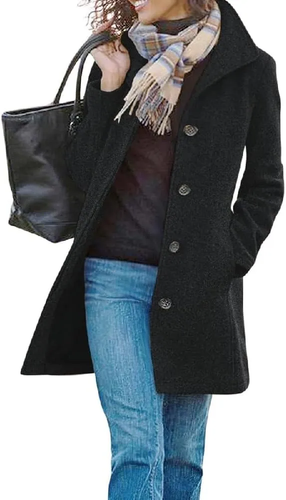 Women's Winter Wool Blend Pea Coat Stand Collar Single Breasted Trench Coat Overcoat