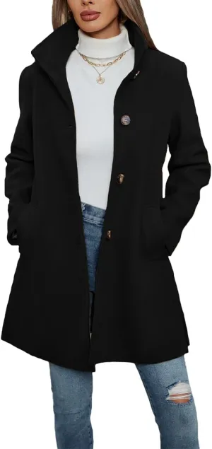 Women's Wool Blend Trench Coat Casual Lapel Overcoat Outerwear Long Sleeve Classic Single-Breasted Peacoat Jacket