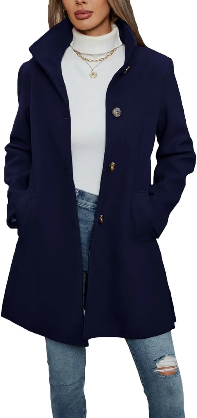 Women's Wool Blend Trench Coat Casual Lapel Overcoat Outerwear Long Sleeve Classic Single-Breasted Peacoat Jacket