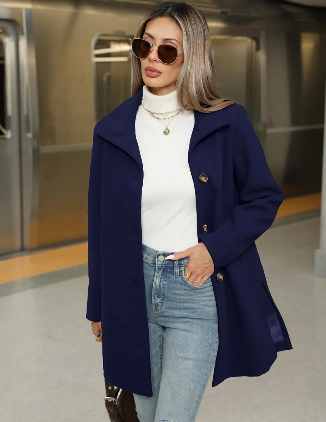 Women's Wool Blend Trench Coat Casual Lapel Overcoat Outerwear Long Sleeve Classic Single-Breasted Peacoat Jacket