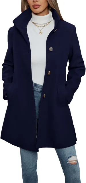 Women's Wool Blend Trench Coat Casual Lapel Overcoat Outerwear Long Sleeve Classic Single-Breasted Peacoat Jacket