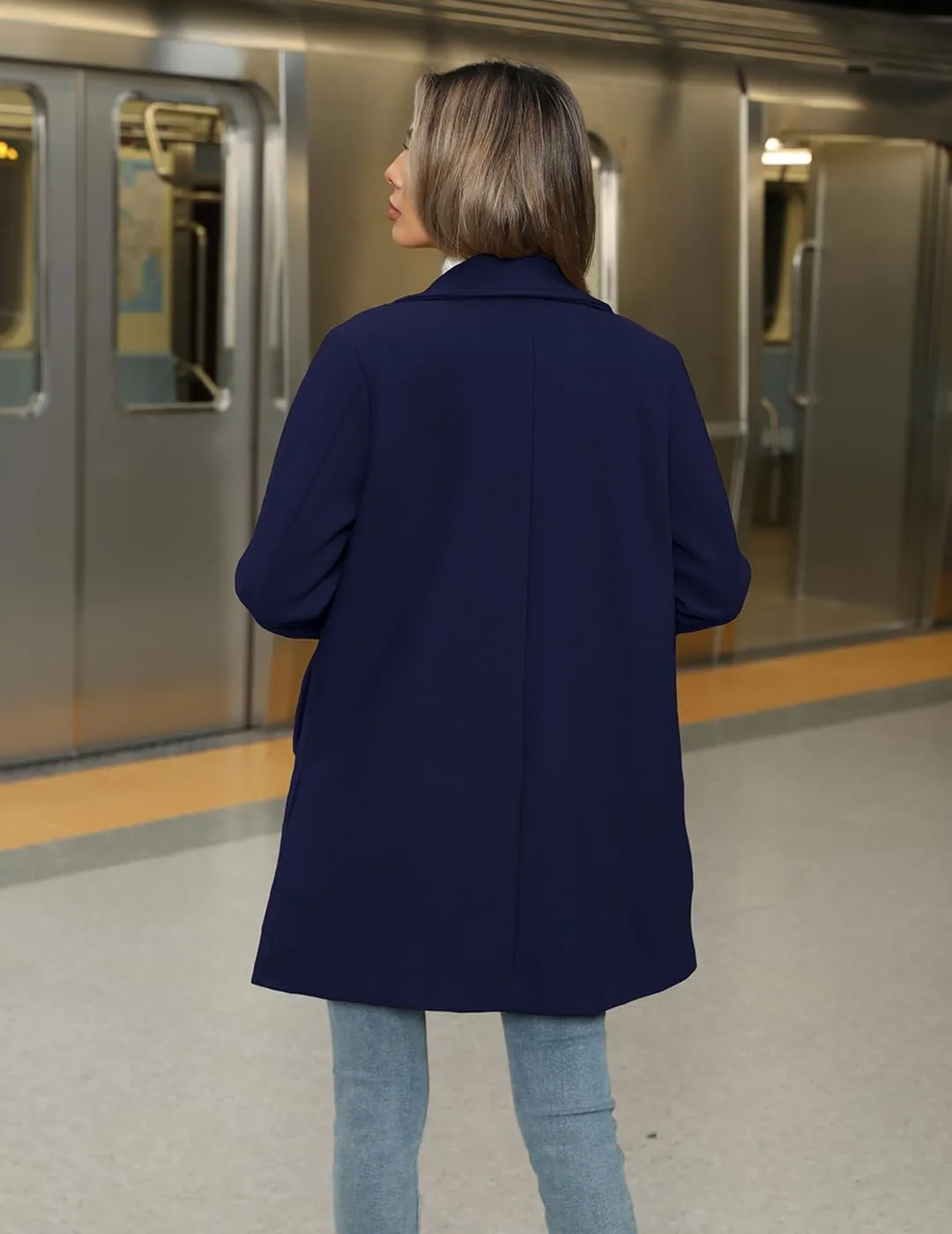Women's Wool Blend Trench Coat Casual Lapel Overcoat Outerwear Long Sleeve Classic Single-Breasted Peacoat Jacket