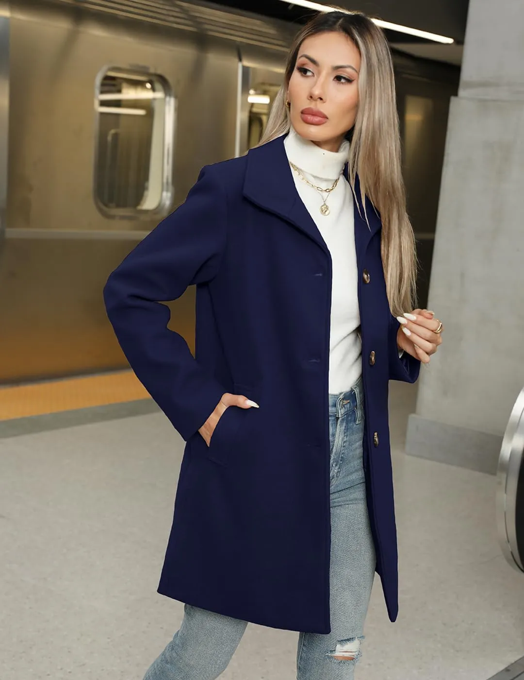 Women's Wool Blend Trench Coat Casual Lapel Overcoat Outerwear Long Sleeve Classic Single-Breasted Peacoat Jacket