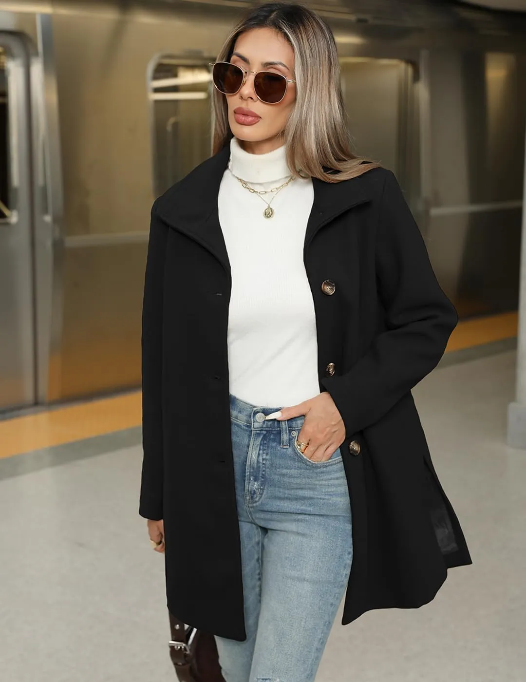 Women's Wool Blend Trench Coat Casual Lapel Overcoat Outerwear Long Sleeve Classic Single-Breasted Peacoat Jacket