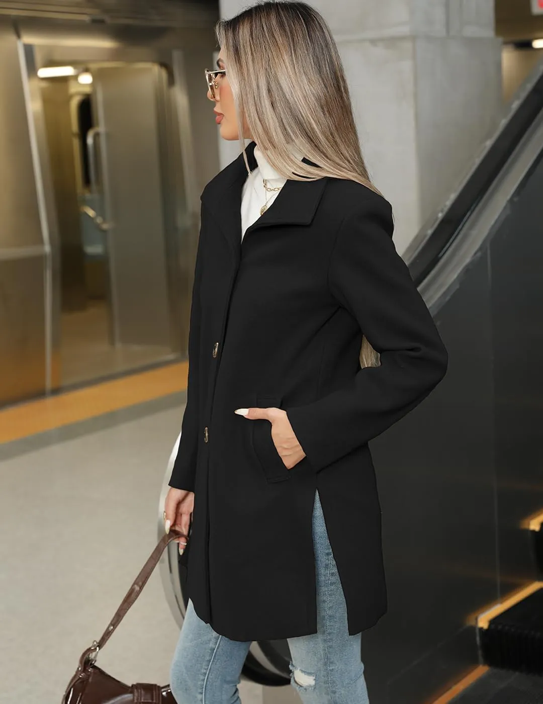 Women's Wool Blend Trench Coat Casual Lapel Overcoat Outerwear Long Sleeve Classic Single-Breasted Peacoat Jacket