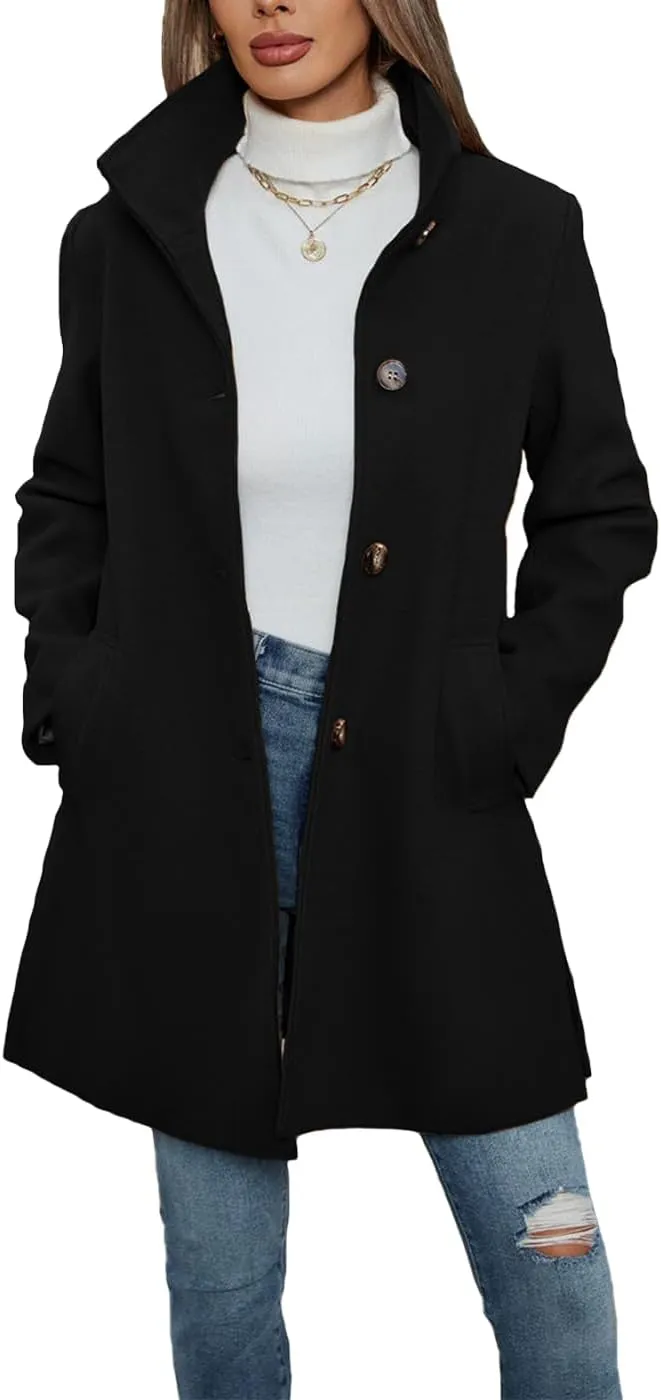 Women's Wool Blend Trench Coat Casual Lapel Overcoat Outerwear Long Sleeve Classic Single-Breasted Peacoat Jacket