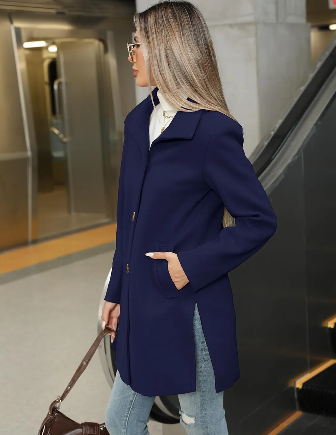 Women's Wool Blend Trench Coat Casual Lapel Overcoat Outerwear Long Sleeve Classic Single-Breasted Peacoat Jacket