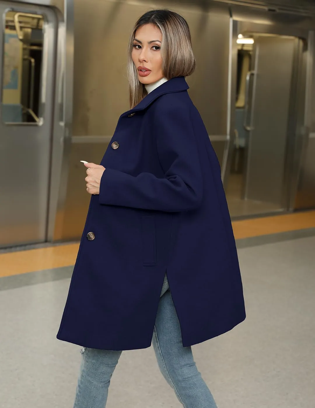 Women's Wool Blend Trench Coat Casual Lapel Overcoat Outerwear Long Sleeve Classic Single-Breasted Peacoat Jacket