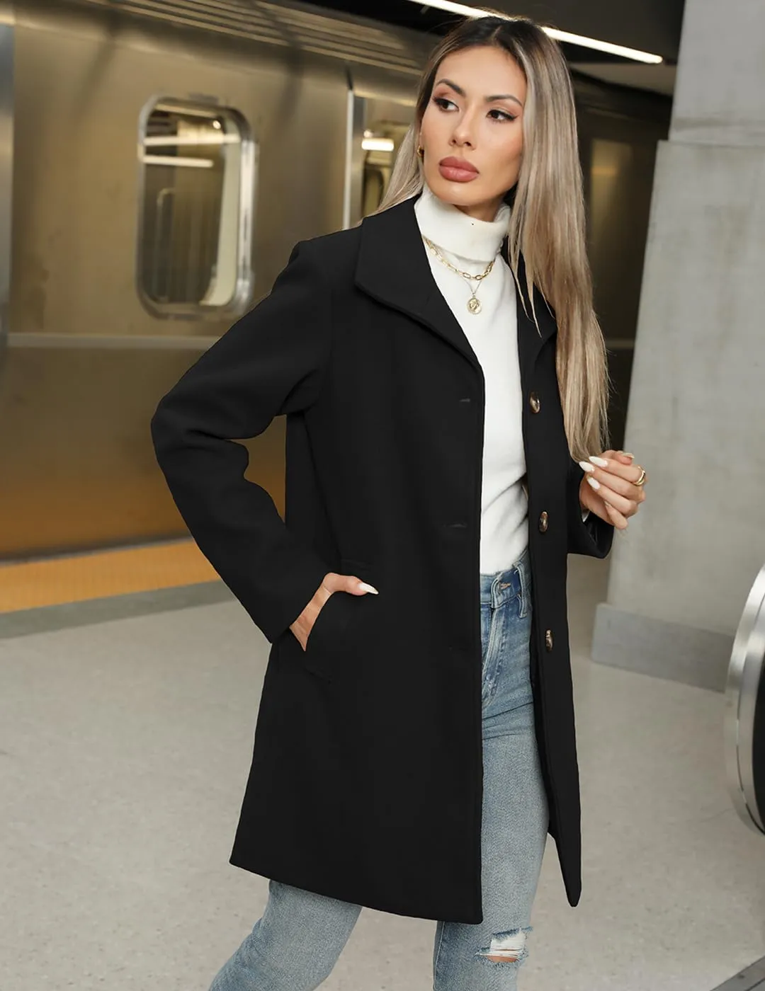 Women's Wool Blend Trench Coat Casual Lapel Overcoat Outerwear Long Sleeve Classic Single-Breasted Peacoat Jacket