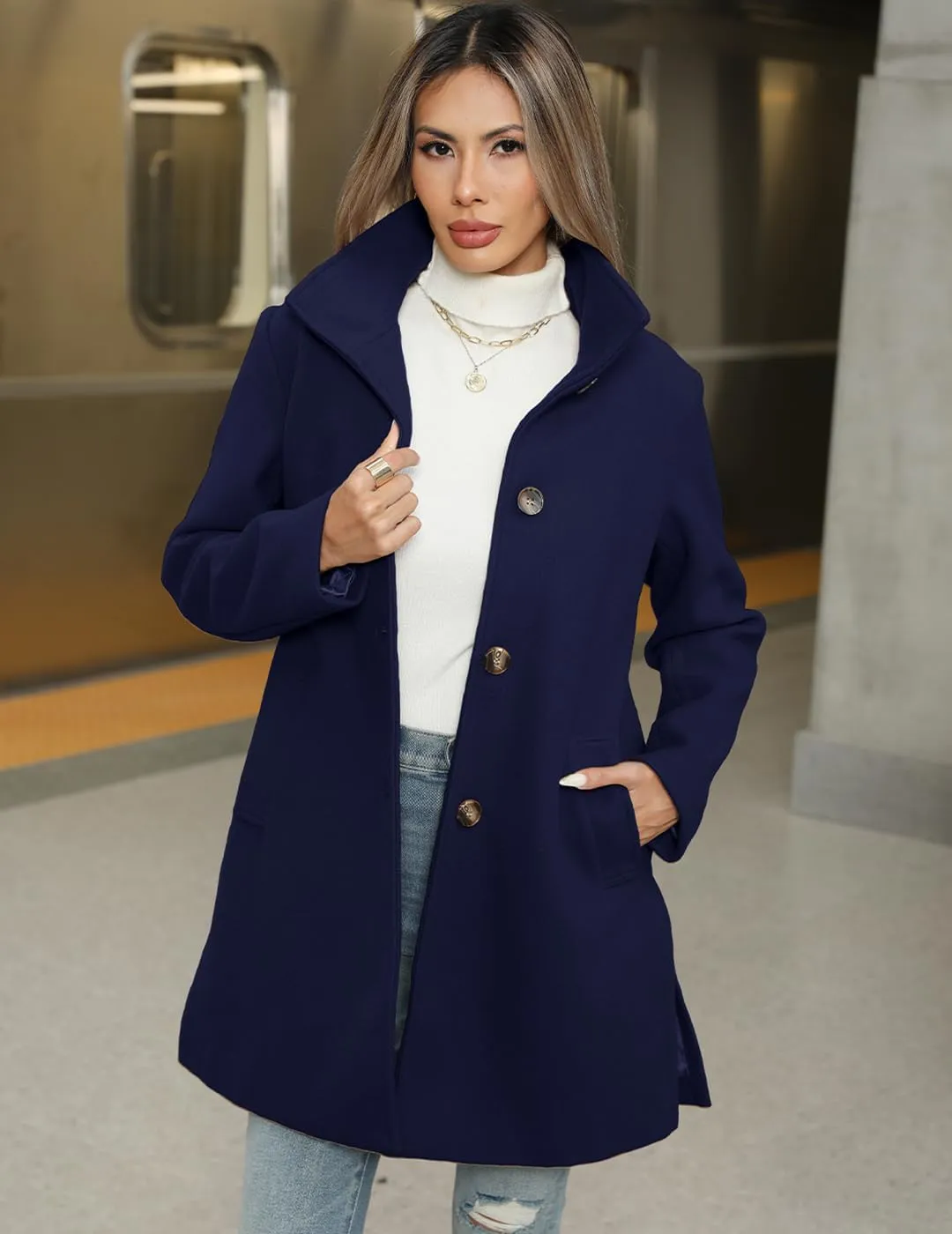 Women's Wool Blend Trench Coat Casual Lapel Overcoat Outerwear Long Sleeve Classic Single-Breasted Peacoat Jacket