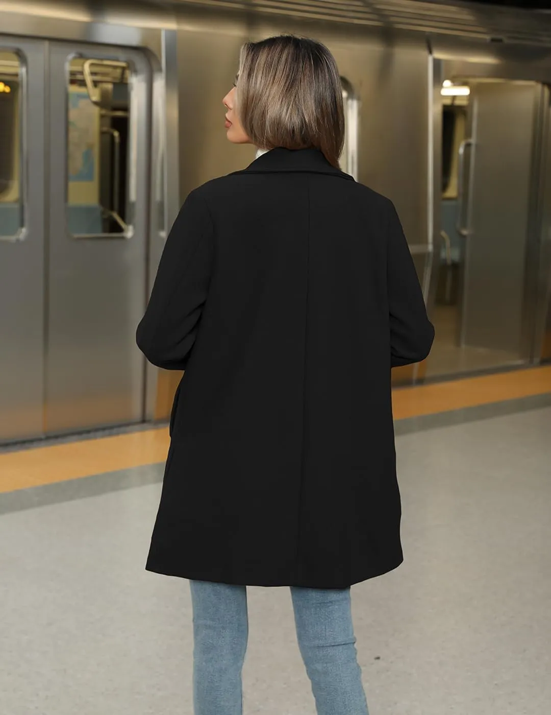 Women's Wool Blend Trench Coat Casual Lapel Overcoat Outerwear Long Sleeve Classic Single-Breasted Peacoat Jacket