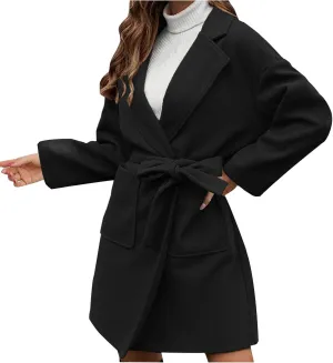 Wool Coats for Women Casual Open Front Winter Trench Coat Oversized Notch Lapel Thicken Bussiness Jacket With Belts