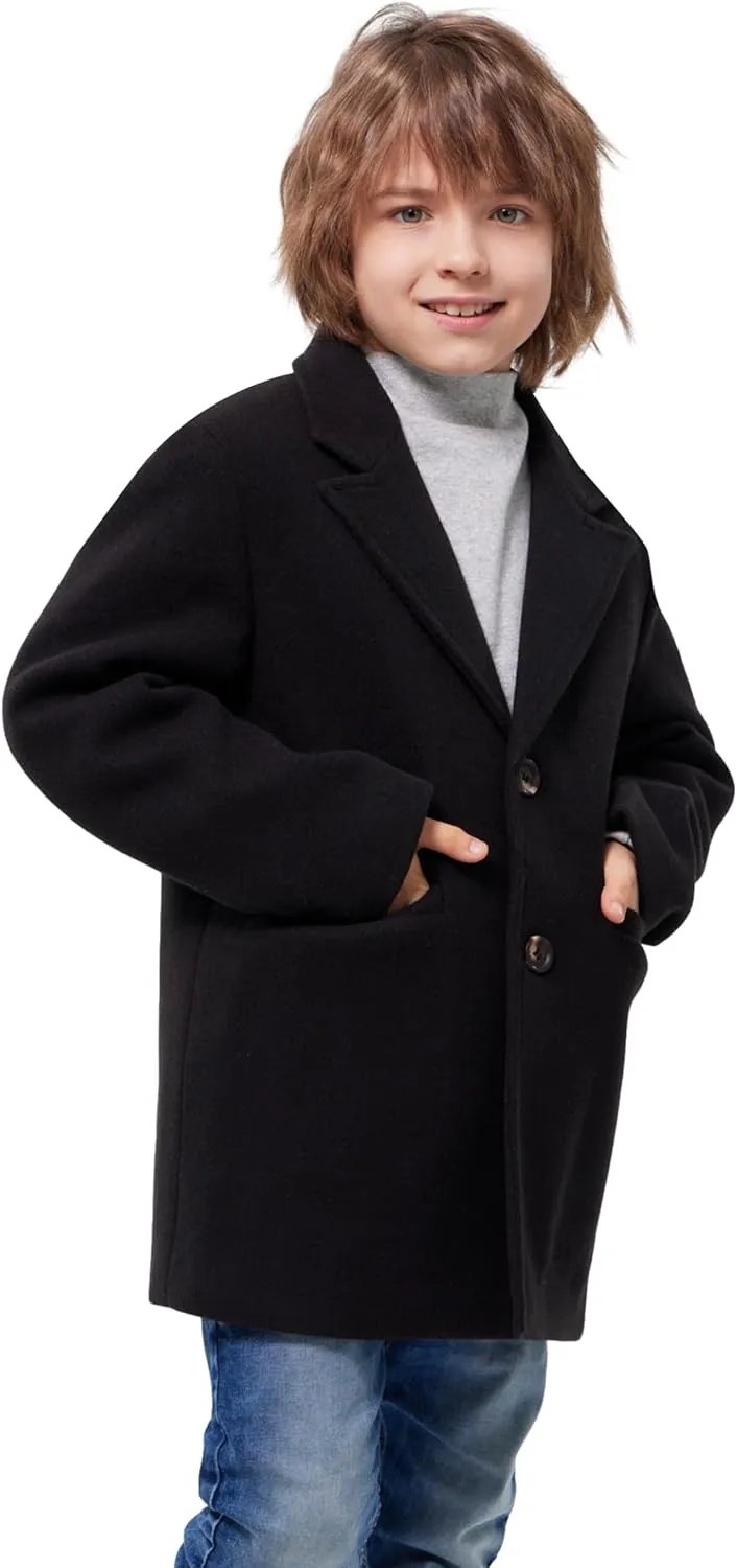 WULFUL Boys Wool Coat Single Breasted Trench Coat Winter Pea Coat