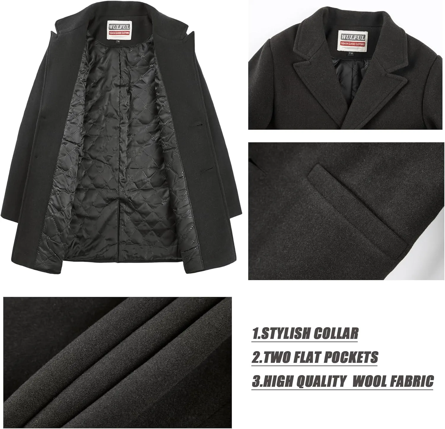 WULFUL Boys Wool Coat Single Breasted Trench Coat Winter Pea Coat