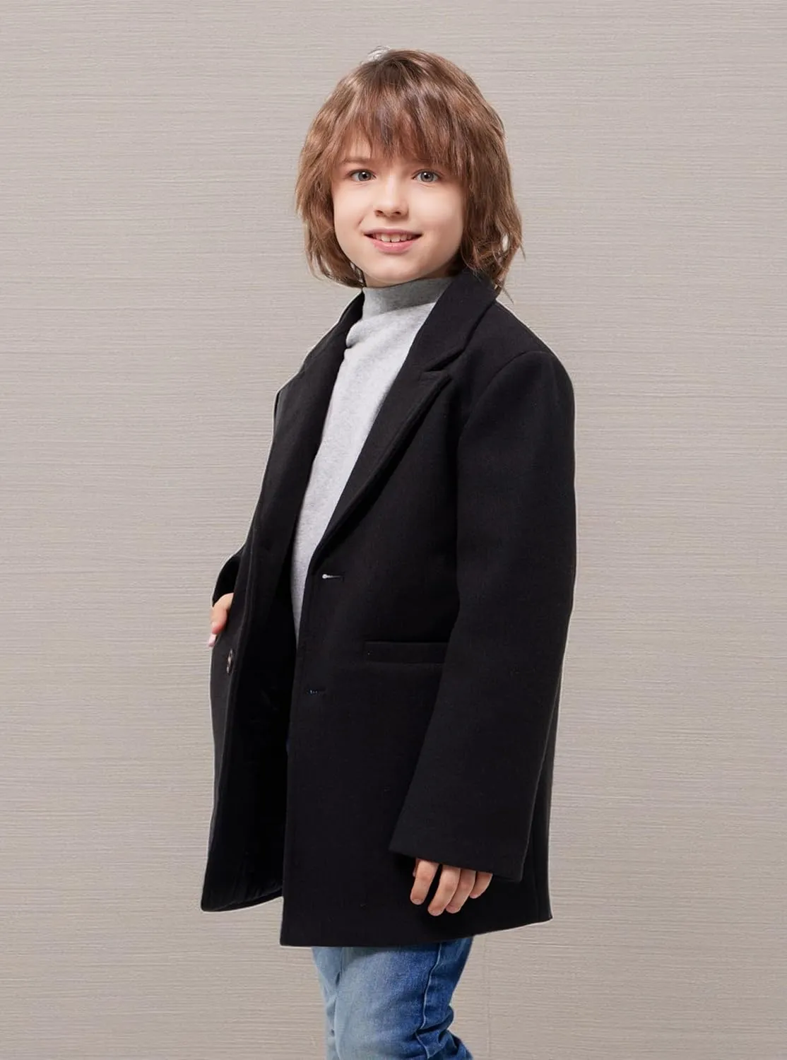 WULFUL Boys Wool Coat Single Breasted Trench Coat Winter Pea Coat