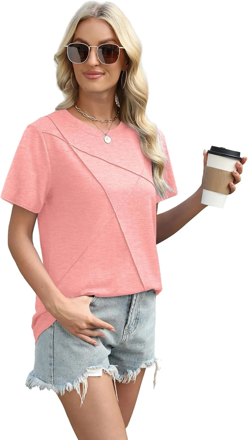 XIEERDUO Womens Summer Tops 2025 Pleated Round Neck Short Sleeve Shirts Business Casual