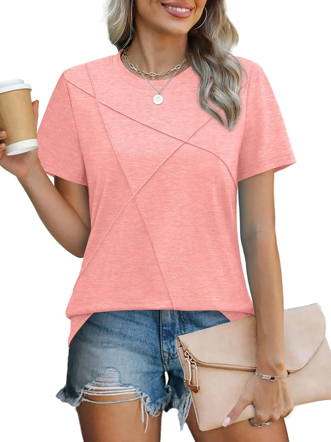 XIEERDUO Womens Summer Tops 2025 Pleated Round Neck Short Sleeve Shirts Business Casual