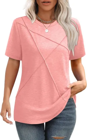 XIEERDUO Womens Summer Tops 2025 Pleated Round Neck Short Sleeve Shirts Business Casual