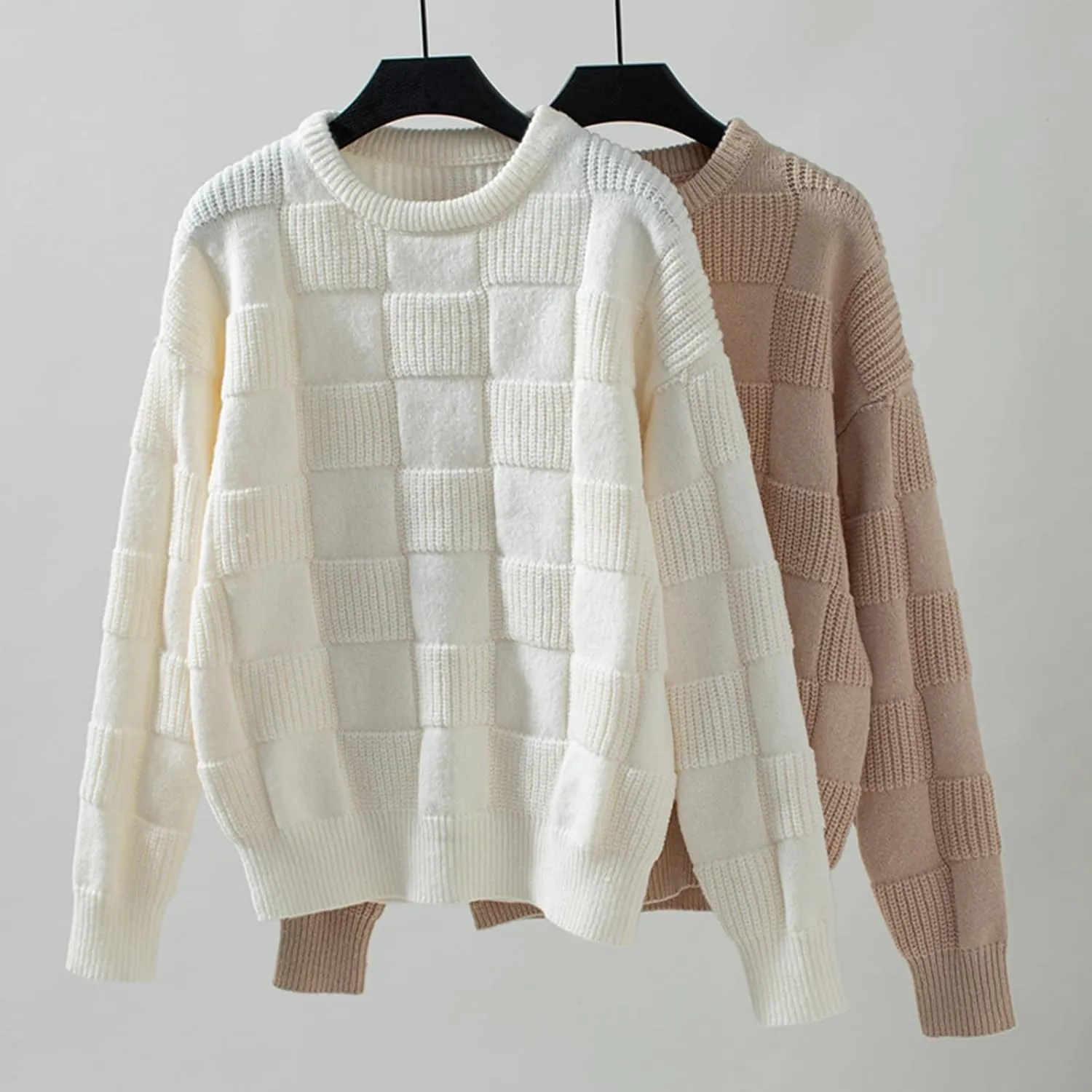 Xuan2Xuan3 Women Fall Crewneck Pullover Sweaters 2024 Solid Color Checkered Plaid Cozy Casual Loose Winter Knit Jumper Tops