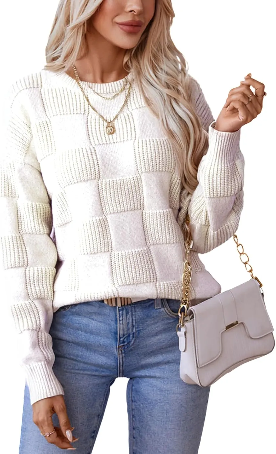 Xuan2Xuan3 Women Fall Crewneck Pullover Sweaters 2024 Solid Color Checkered Plaid Cozy Casual Loose Winter Knit Jumper Tops
