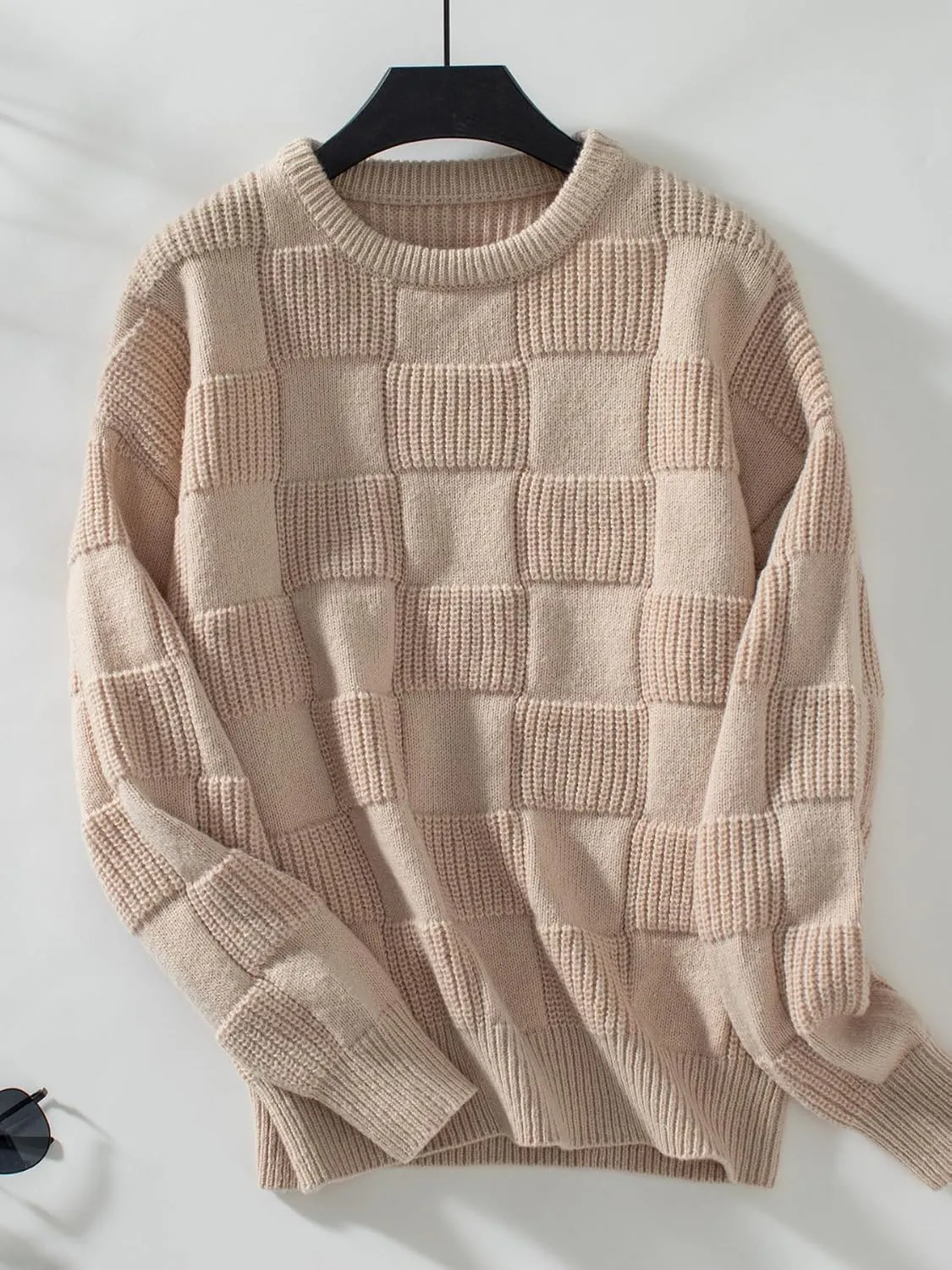 Xuan2Xuan3 Women Fall Crewneck Pullover Sweaters 2024 Solid Color Checkered Plaid Cozy Casual Loose Winter Knit Jumper Tops