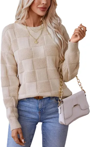 Xuan2Xuan3 Women Fall Crewneck Pullover Sweaters 2024 Solid Color Checkered Plaid Cozy Casual Loose Winter Knit Jumper Tops