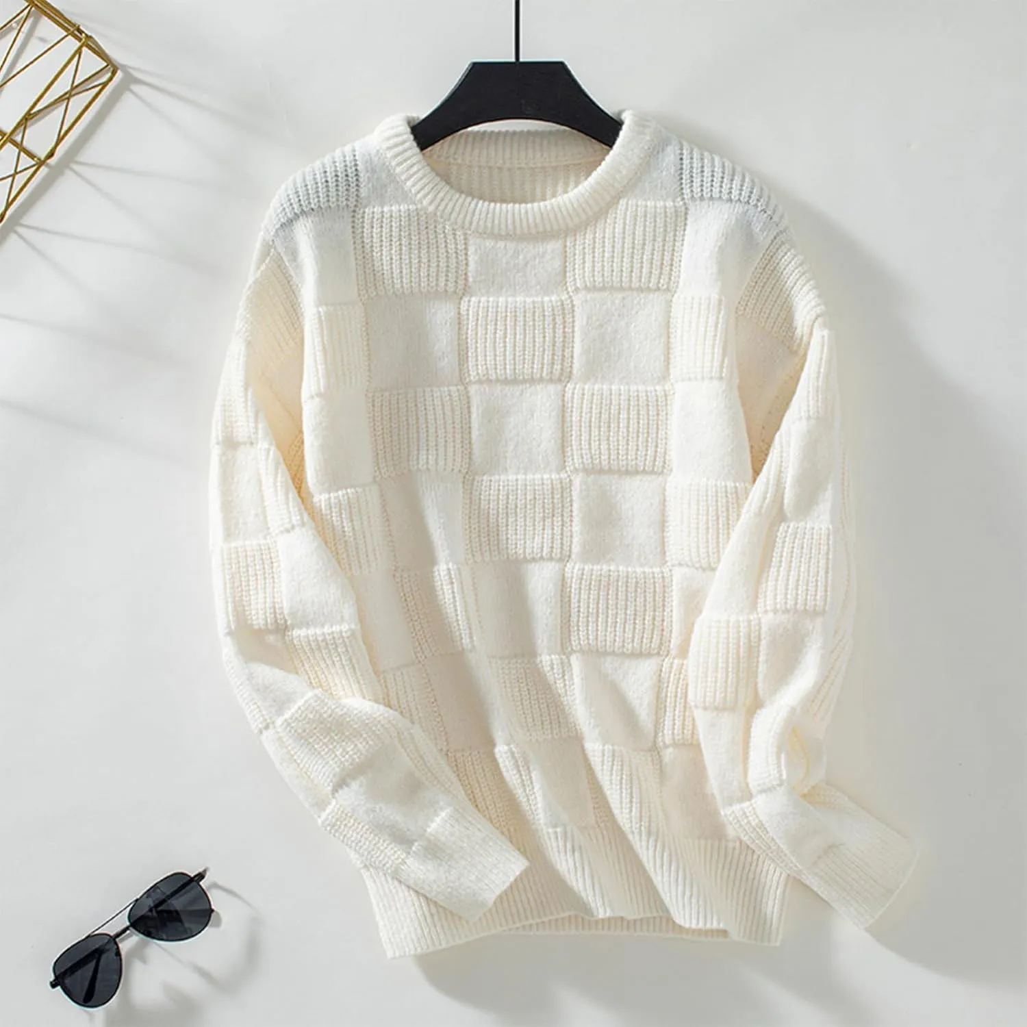 Xuan2Xuan3 Women Fall Crewneck Pullover Sweaters 2024 Solid Color Checkered Plaid Cozy Casual Loose Winter Knit Jumper Tops