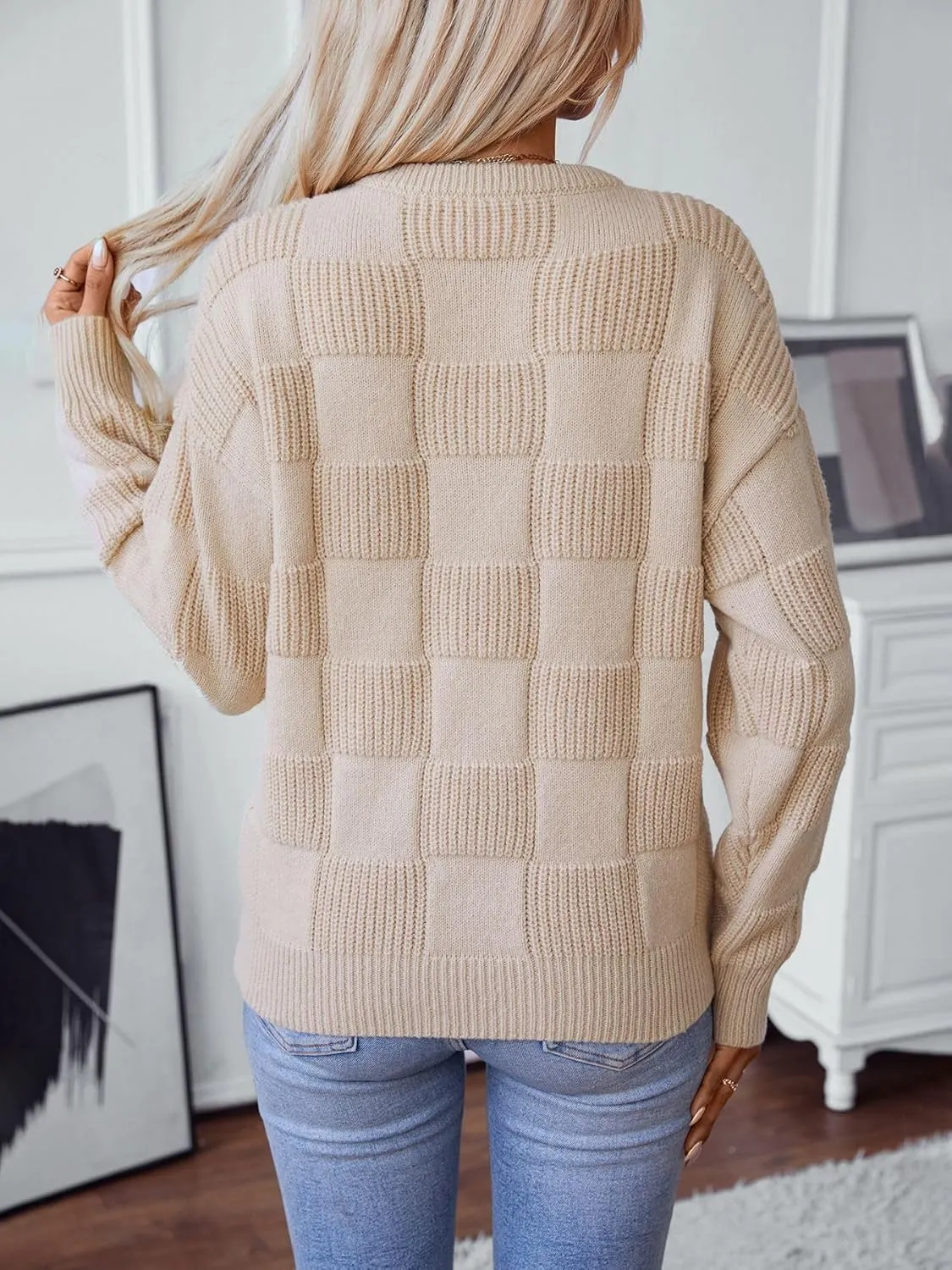 Xuan2Xuan3 Women Fall Crewneck Pullover Sweaters 2024 Solid Color Checkered Plaid Cozy Casual Loose Winter Knit Jumper Tops