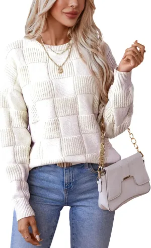 Xuan2Xuan3 Women Fall Crewneck Pullover Sweaters 2024 Solid Color Checkered Plaid Cozy Casual Loose Winter Knit Jumper Tops